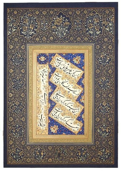 A PERSIAN CALLIGRAPHIC PANEL, SIGNED ASADULLAH AL-SHIRAZI, QAJAR, PERSIA, DATED 1257 AH/1841 AD