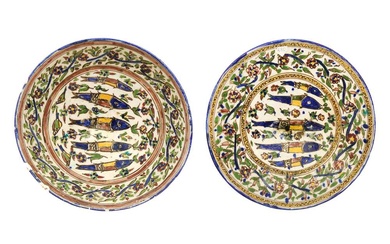 A POLYCHROME-PAINTED POTTERY BOWL AND SERVING PLATE WITH FISH DESIGN Iran, first half 20th century
