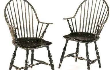 A Pair of Black-Painted Continuous Arm Windsor Chairs
