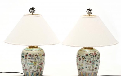A Pair of Chinese Lamps with One Hundred Antiques Motif