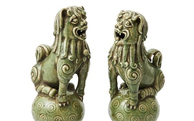 A Pair of Chinese Longquan-Style Celadon Lions