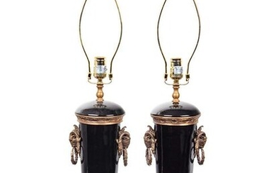 A Pair of French Gilt Bronze and Glazed Ceramic Urns