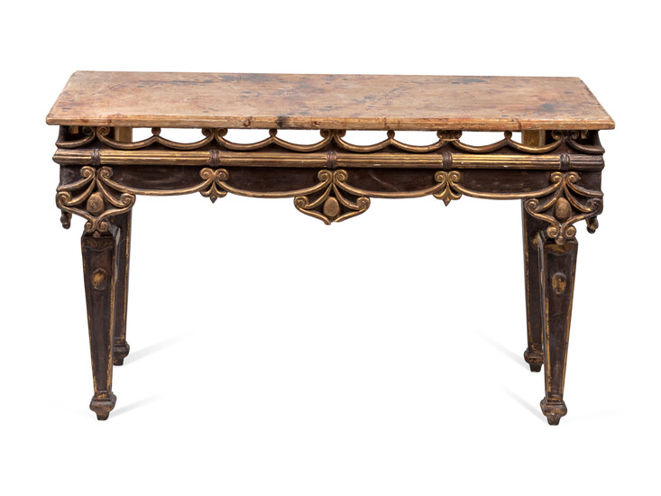 A Pair of Italian Painted and Parcel Gilt Faux Marble-Top Console Tables