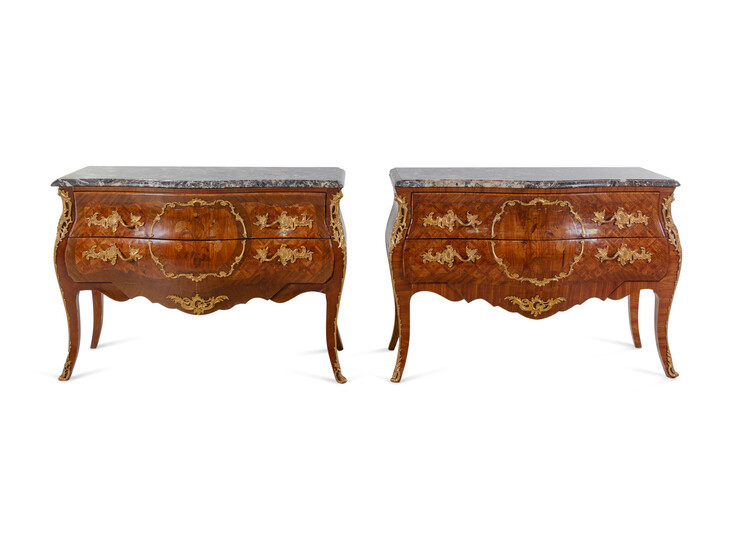 A Pair of Louis XV Style Gilt Bronze Mounted Sans Traverse Marquetry and Parquetry Marble-Top Bombe Commodes