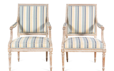 A Pair of Louis XVI Style Cream-Painted Fauteuils