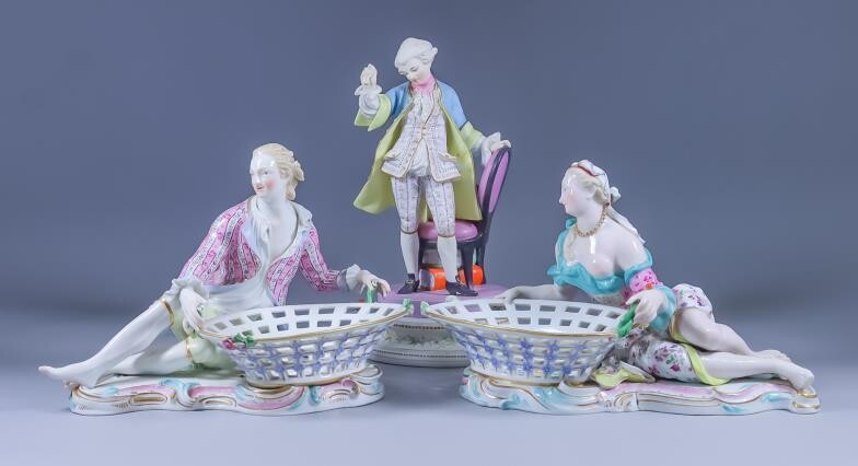 A Pair of Meissen Porcelain Figural Sweetmeat Dishes, Late...