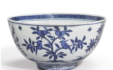 A RARE DATED BLUE AND WHITE 'BIRDS' BOWL, JIAJING MARK AND PERIOD, DATED BINGYIN YEAR, CORRESPONDING TO 1566