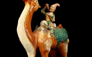 A Rare Tang Tri-Color Glazed Pottery Figure Riding Camel Ornament