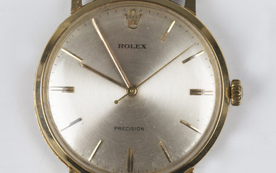 A Rolex Precision 18ct gold circular cased gentleman's wristwatch, circa 1950s, the signed silv