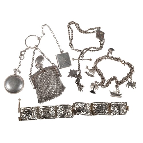 A SILVER CHATELAINE MESH PURSE stamp holder, and miniature c...