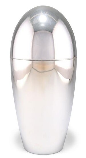 A SILVER-PLATED COCKTAIL SHAKER, of bomb form. 23cm