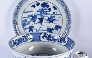 A VERY LARGE CHINESE BLUE AND WHITE PORCELAIN BOWL 20th Century, upon a large matching plate. Larges