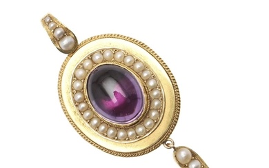 A VICTORIAN AMETHYST AND PEARL PENDANT. centred with an oval...