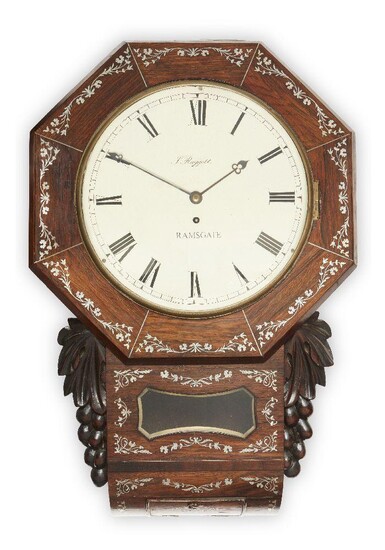 A Victorian rosewood and mother-of-pearl inlaid drop dial wall timepiece, by J Raggett, Ramsgate, late 19th century, the octagonal case with radiating veneers having mother of pearl floral inlaid decoration, the base with glazed lenticle flanked by...