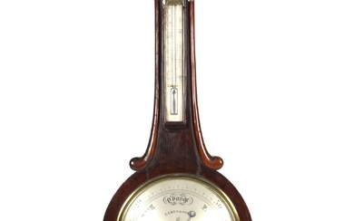 A Victorian rosewood banjo shaped barometer by Eames & Sons (Broad Street, Bath). With scroll shaped border and palmette husk pendant to base, with silvered dial and mercury thermometer,104cm high