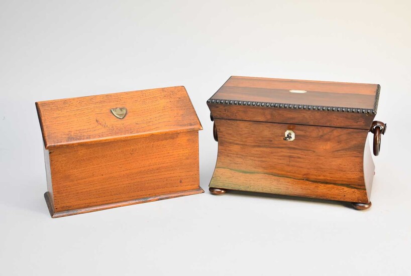 A Victorian rosewood tea caddy and an oak stationary box