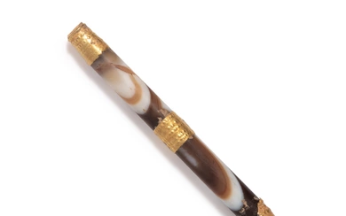 A Western Asiatic Gold and Banded Agate Bead Pendant
