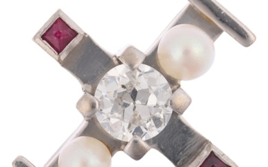 A a Danish modernist 14ct white gold ruby cultured pearl and...