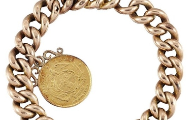 A bracelet with gold coin charm, the curb-link bracelet suspending...