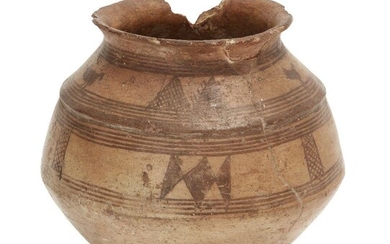 A buffware pottery vessel with hatched decoration, Persia, 3rd millenium BC, widening at the waist, with everted rim, decorated with four bands of horizontal stripes and hatched and geometric designs, 26cm. diam. x 20cm. high Provenance: Private UK...