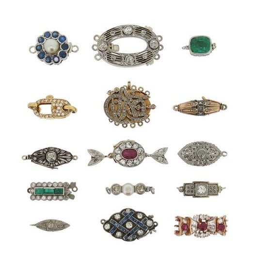 A collection of fifteen gem-set clasps, including a...