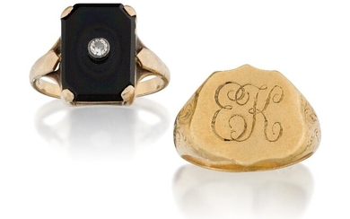 A diamond and onyx ring, the rectangular onyx panel with a collet set diamond accent, approx. ring size M, together with a monogrammed signet ring with scroll chased shoulders, stamped 585, approx. ring size O (2)