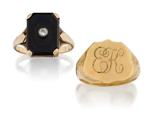 A diamond and onyx ring, the rectangular onyx panel with a collet set diamond accent, approx. ring size M, together with a monogrammed signet ring with scroll chased shoulders, stamped 585, approx. ring size O (2)