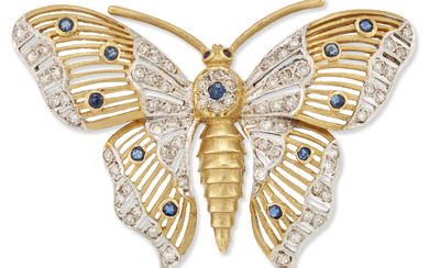 A diamond and sapphire butterfly brooch, of pierced form, collet...