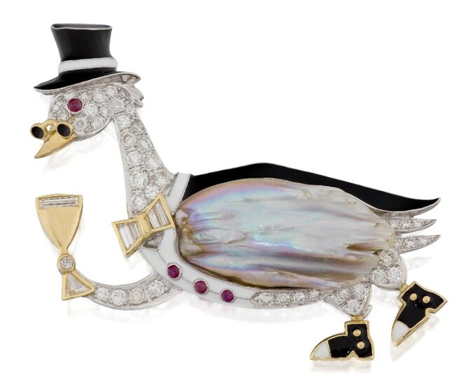 A diamond, freshwater pearl and enamel goose brooch, the smartly-dressed goose in enamelled top hat and lorgnette carrying a diamond-set goblet, its pave diamond-set neck to baguette diamond bow tie and red cabochon gem eyes and buttons, the wing...