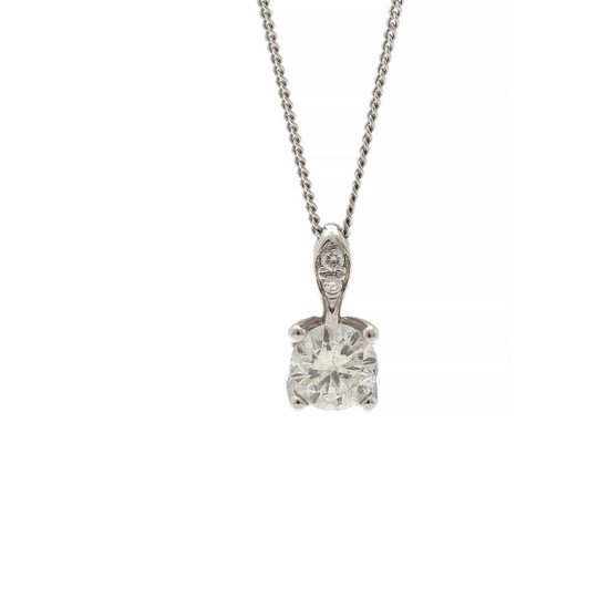 A diamond pendant set with a brilliant-cut diamond weighing 0.50 ct. encircled by numerous diamonds totalling app. 0.10 ct., mounted in 14k white gold. L. 45.5