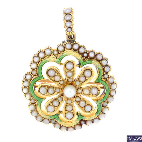 A early 20th century 15ct gold seed, split pearl and green enamel floral pendant brooch.
