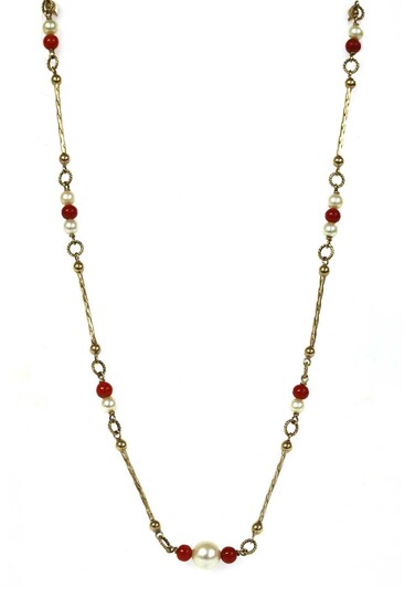 A gold cultured pearl and coral bead necklace