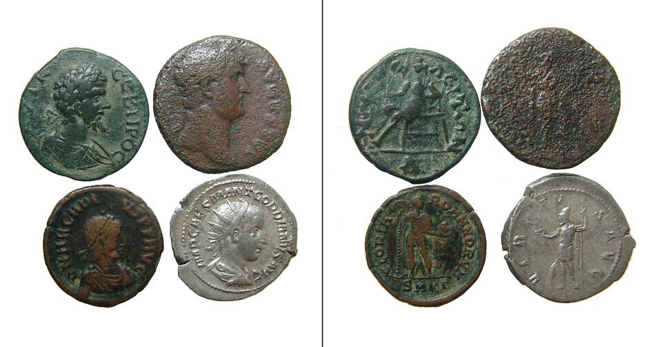 A group of 4 Roman bronze and silver coins