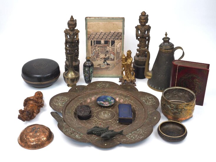 A group of Asian objects, late 19th-20th century, to include a carved boxwood figure of a boy holding a mythical beast, a carved wood watch case, a cloisonné enamel circular box and cover, a trinket box, a small circular pin dish, and a small vase...