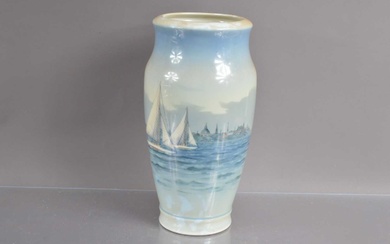 A large Royal Copenhagen vase with underglaze decoration of a seascape with yachts