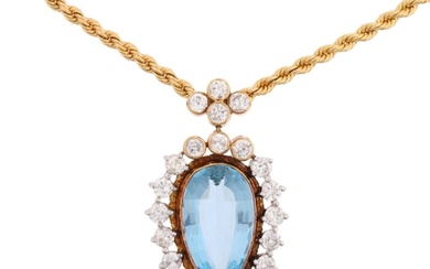 A late 20th century 18ct gold aquamarine and diamond pear cl...