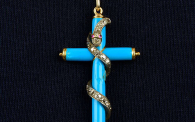 A mid Victorian gold, blue enamel cross pendant with old-cut diamond coiled snake overlay.