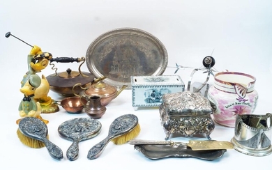 A mixed collection of metal ware and ceramics, to include: a Benson copper and brass teapot and a matching twin handled sugar bowl, 21cm wide; a copper and brass milk jug, 8cm high; an Art Deco chrome plated table lamp, modelled as an plane...