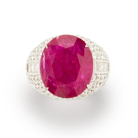 A no-heat ruby, diamond and platinum ring