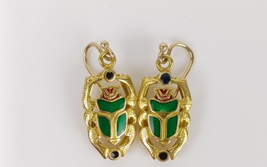 A pair of 18ct gold and green enamel earrings, in the form o...