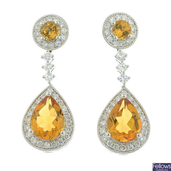 A pair of 18ct gold citrine and diamond earrings, with detachable drop sections.