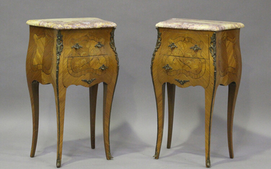 A pair of 20th century French kingwood and gilt metal mounted, marble topped bedside chests, each fi
