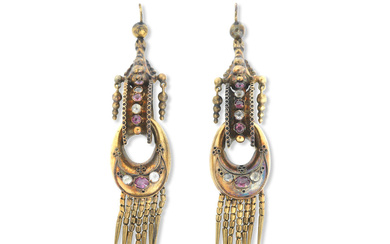 A pair of Archeological Revival gem-set pendent earrings, circa 1870