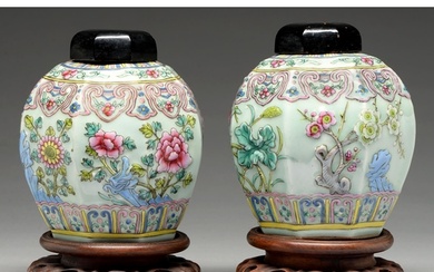 A pair of Chinese celadon ground famille rose moulded octago...