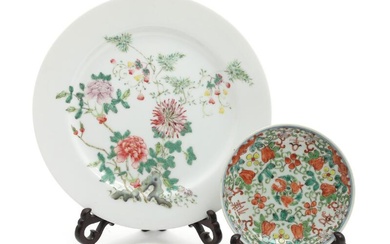 A pair of Chinese porcelain plates decorated in enamel colours with symbols,...