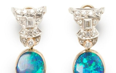 A pair of black opal and diamond earrings