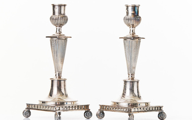 A pair of candlesticks, Santesson, Stockholm, 1891, silver-plated white metal, Gustavian style.