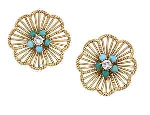 A pair of diamond and turquoise flowerhead...