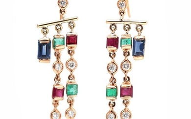 NOT SOLD. A pair of ear pendants each set with a sapphire, two emeralds, three rubies and five diamonds, mounted in 18k rose gold. L. app. 6 cm. (2) – Bruun Rasmussen Auctioneers of Fine Art