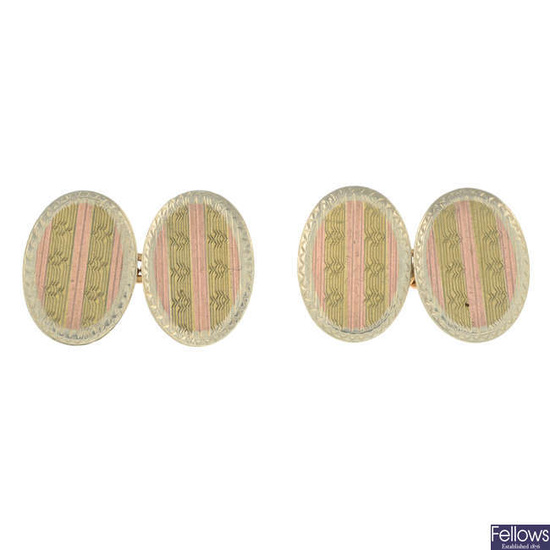 A pair of early 20th century 9ct tri-colour gold patterned cufflinks.